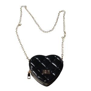 Jelly Heart Black Hand Bag, Zip Closure & Gold-Tone Chain Strap, 4.7x4.4x1.5 in.
